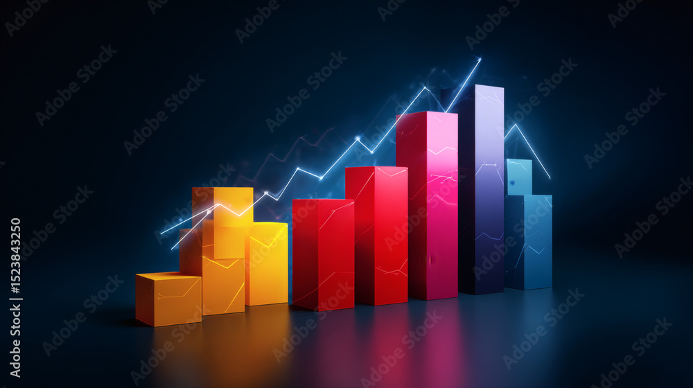 Poster a colorful 3d bar chart with glowing lines represents data growth and analytics on a dark background