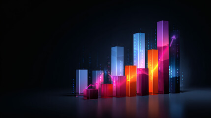 Obraz premium A colorful 3D bar chart with digital effects on a dark background, representing data analysis and business growth.