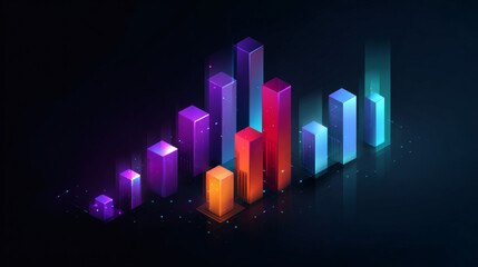 A vibrant, futuristic 3D bar graph with neon colors, representing data analytics and digital trends on a dark background.