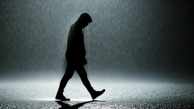 Silhouette of a solitary man walking alone in heavy rain evoking sadness and despair