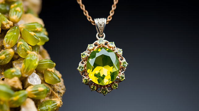 pendant with olivine gemstone, peridot, chrysolite jewelry, green mineral crystals of forsterite, dunite