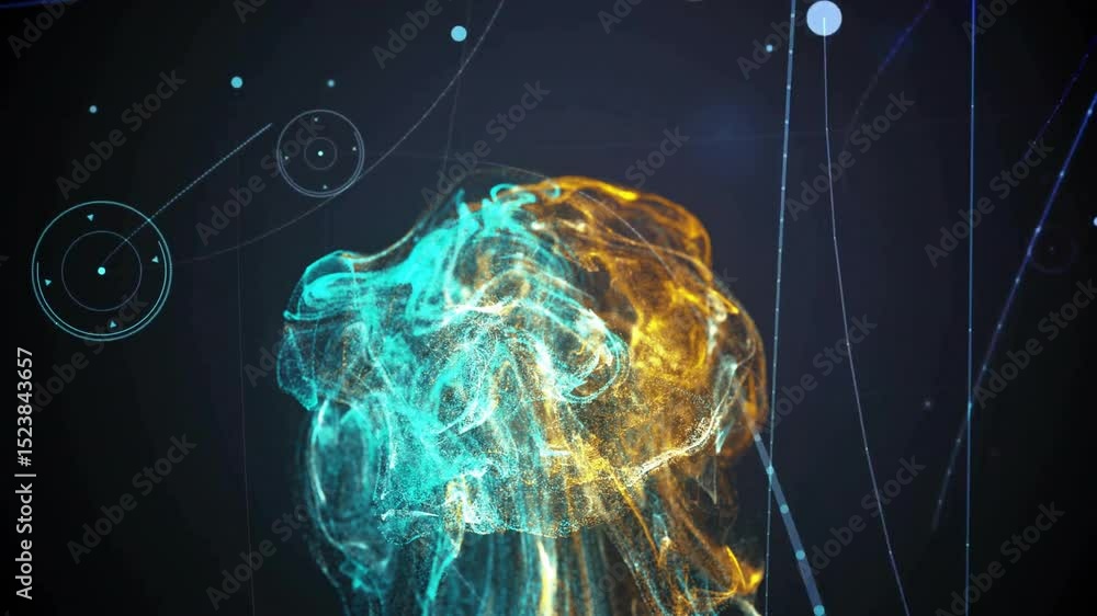 Poster at two seconds, cyan gold particle cloud swelling upward as hud lines orbiting visualizing network