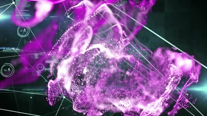 Pink and purple strands emerging drifting inward converging into pulsing orb showing network lines - Powered by Adobe