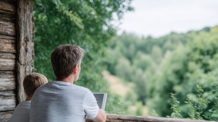 Fototapeta premium Father engages in remote work as child enjoys reading an e-book beside him on a wooden deck