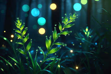 Glowing Green Leaves with Dew Drops in Magical Forest Bokeh – Nature Fantasy Wallpaper"

