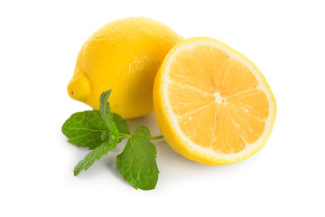 Juicy lemons with mint on white background