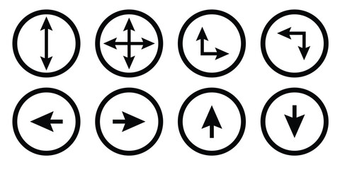 Set of Directional Arrow Icons in Black Circles – Vector Navigation Symbols