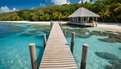 Tropical Island Vacation Wooden Pier Over Turquoise Water