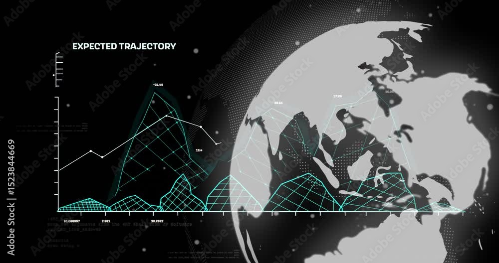 Poster on baseline appearing globe rotating while teal mesh rising and line graph mapping trajectory