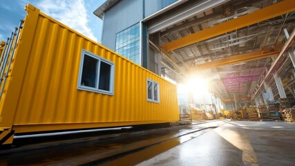 Bright yellow modular container cabin stands inside a modern factory hall, showing industrial production of portable workspace units for rapid deployment