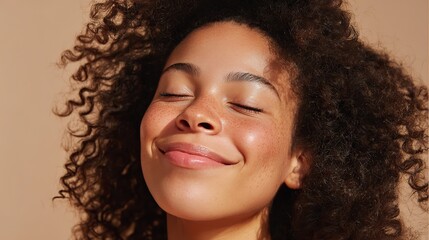 Black woman with curly afro hair, eyes closed, smiling gently against beige background, showing loose flowing hair around face, natural makeup, radiant skin glow, photo taken from above angle.