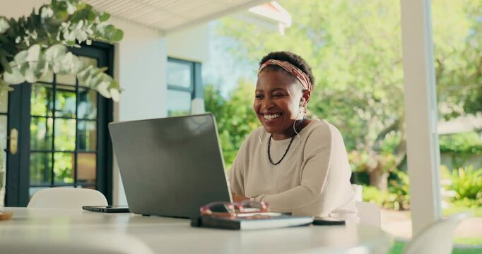 Laptop, online class and video call with black woman in home for distance school, webinar and meeting. Teacher, elearning and quiz guide with person and earphones for virtual lesson, help and chat