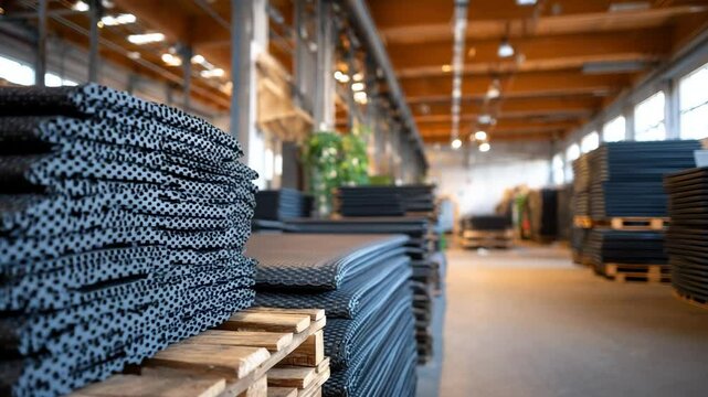 Stacks of black rubber sheets stored on pallets inside a spacious factory warehouse, ready for further industrial processing