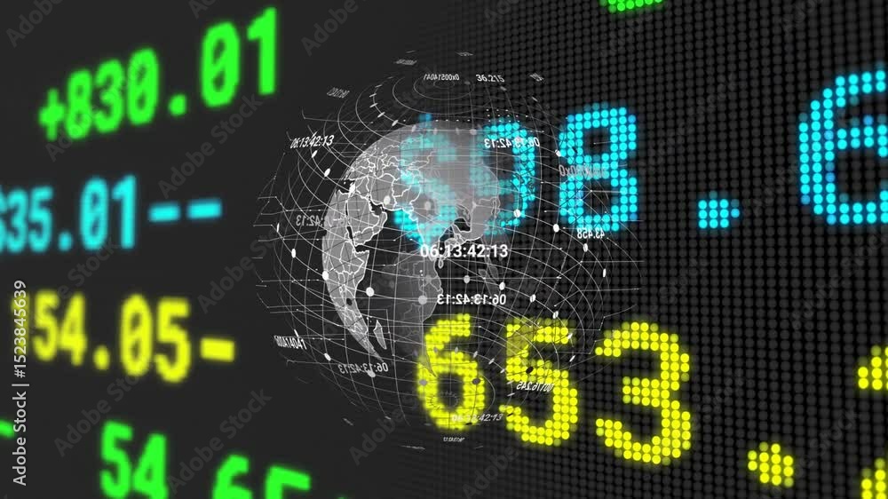 Poster upon display appearing 3d wireframe globe rotating floating tickers updating showing market shifts