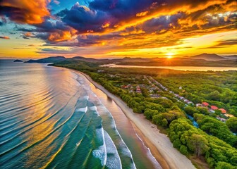 Costa Rica's Tamarindo: a stunning sunset spectacle, viewed from above via breathtaking aerial drone photography.