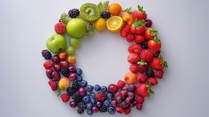 Colorful fruits, berries and vegetables in a circular arrangement, celebrating nature's vibrant bounty