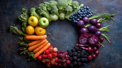 Colorful fruits, berries and vegetables in a circular arrangement, celebrating nature's vibrant bounty