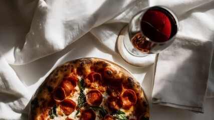 Delicious pepperoni pizza served with red wine on a soft linen table setting in an elegant dining atmosphere