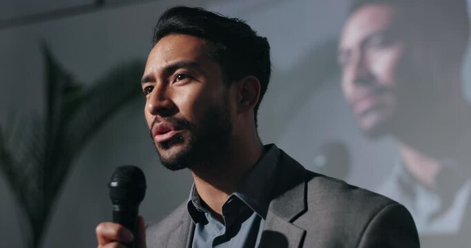 Mic, speaker and man in auditorium to talk for climate change, awareness or renewable energy. Presentation, stage and guest on forum in discussion for sustainability, event or eco friendly conference