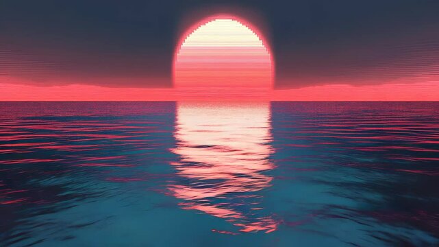 Retro Wave Horizon: A nostalgic ocean sunset with pixelated sun and synthwave vibes