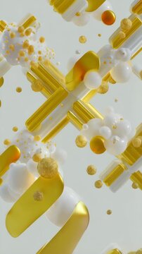 Abstract arrangement featuring golden spheres, glossy white spheres, and parallel rectangles in neutral space