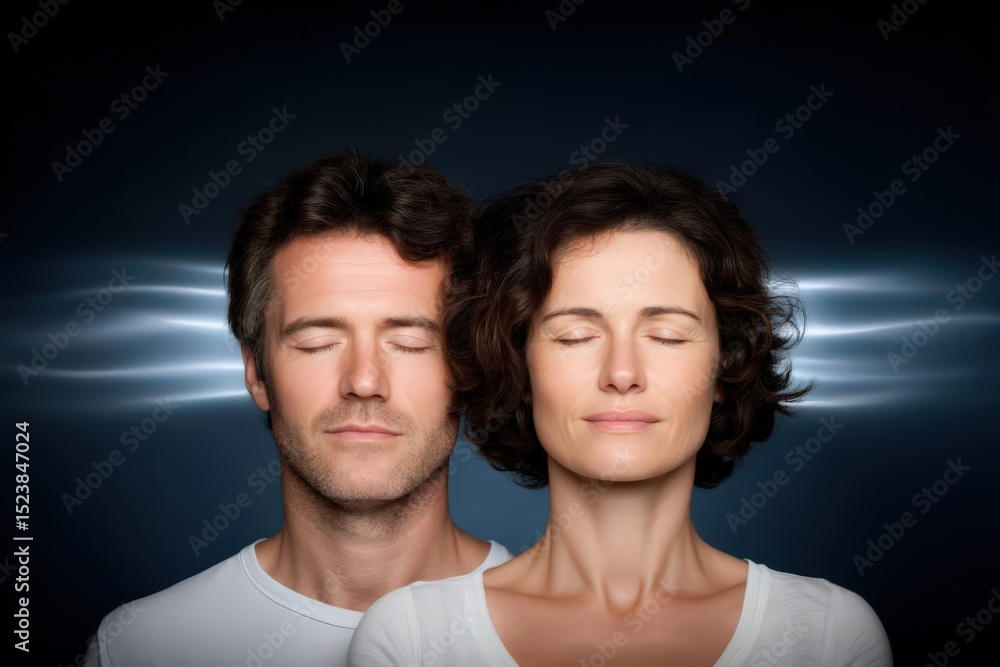 Poster serene portrait of a couple with closed eyes showcasing deep emotional connection and mindfulness ag