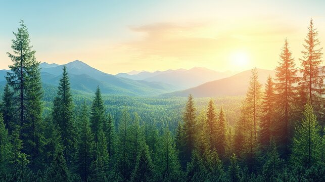 Sunset mountain forest panorama, nature scene