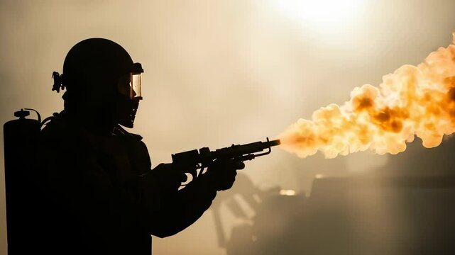 Silhouette of a masked figure wielding a flamethrower in hazy atmosphere with dramatic lighting