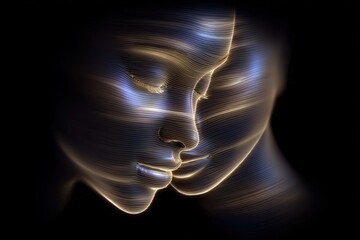 Artful representation of two illuminated faces intertwined in a flowing luminous design creating a sense of unity and connection against a dark background emphasizing emotion and creativity
