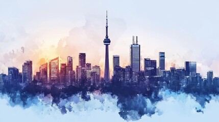 Toronto Skyline Watercolor Painting - Urban Landscape and Cityscape Art