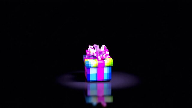 Pixelart neon gift box with vibrant voxels glows on a black background, perfect surprise present graphic for festive gaming banners and holiday motion design