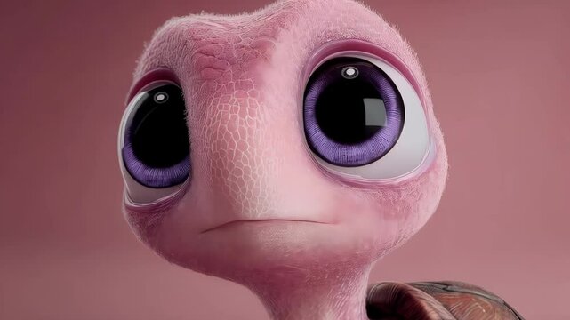 Cute pink turtle character displays emotion and charm in a colorful studio setting during the day