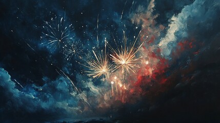A Captivating Oil Painting of Fireworks Exploding in the Night Sky