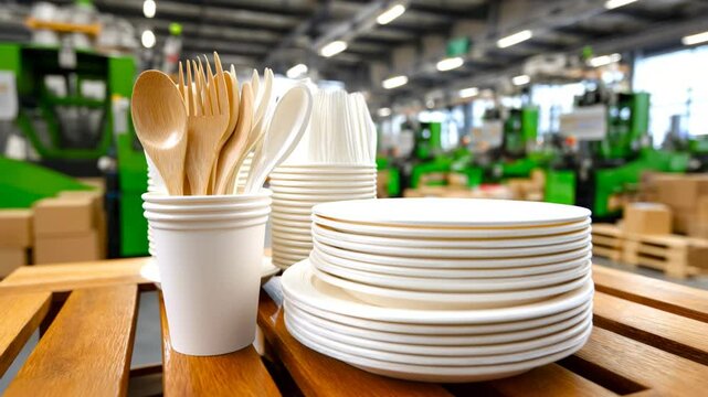 Stacks of white paper plates and wooden cutlery on production line inside disposable tableware factory