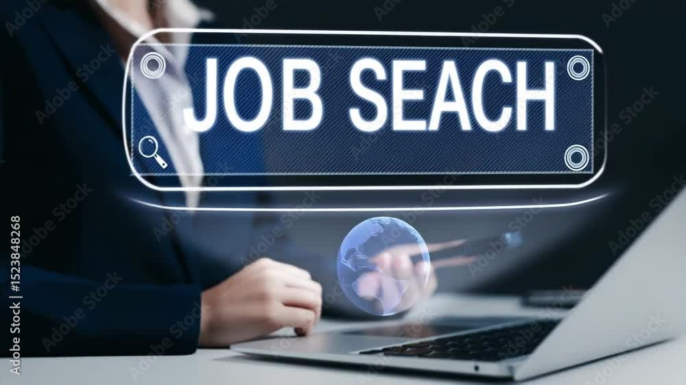 Poster person using a laptop with a job search bar overlay and holding a phone in a business setting