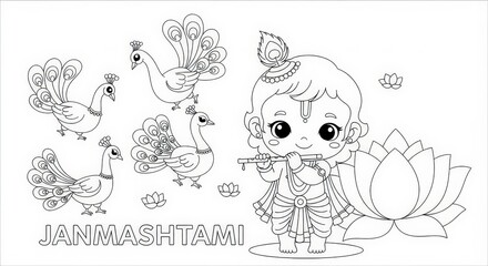 A coloring page depicting scenes associated with Janmashtami holiday It features a young child holding flute, peacocks in various poses, flowers, and text indicating celebration of Janmashtami festiva