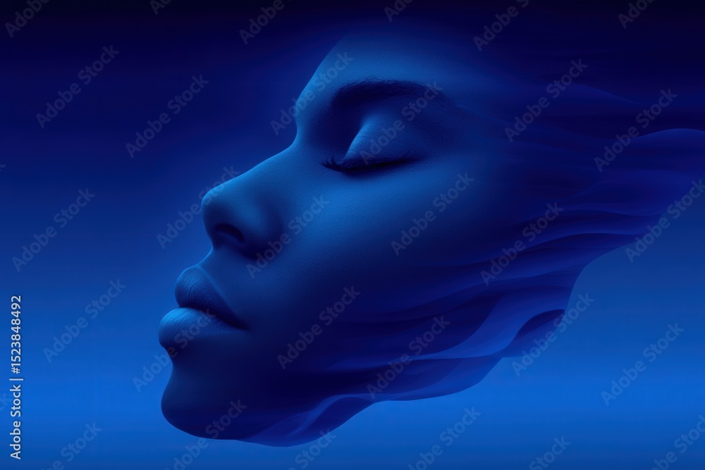 Poster ethereal blue human face silhouette captured with soft gradient effect illustrating tranquility and 