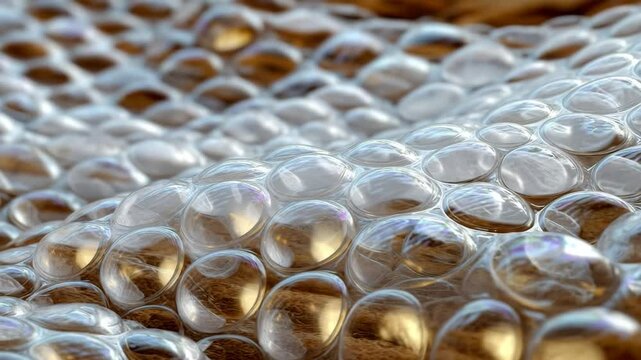 Macro view of transparent plastic bubble wrap cushioning material showing rows of air pockets
