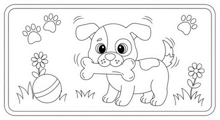 A black and white line drawing of a playful dog with flowers and paw prints