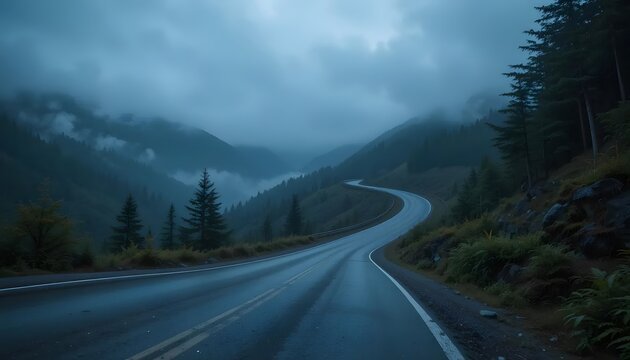 Winding road through misty mountain pass on a cloudy day - Powered by Adobe