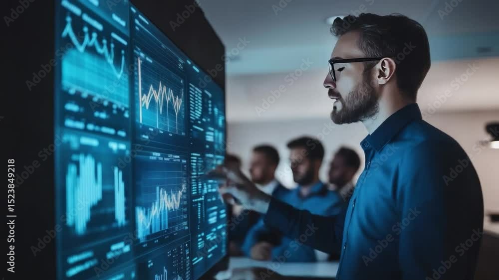 Poster analyzing the analytics: a sharp analyst in the data-driven modern world, with his team peers, inten