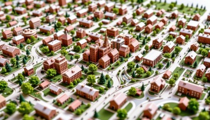 Model city layout with detailed buildings and green spaces.