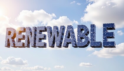 3D text of "RENEWABLE" against a blue sky with clouds.