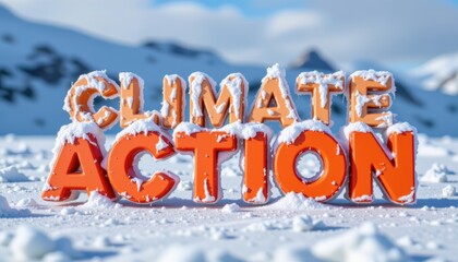 Climate action message in snowy landscape setting.