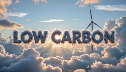 Low carbon concept with wind turbines in a cloudy sky. Sustainable concept