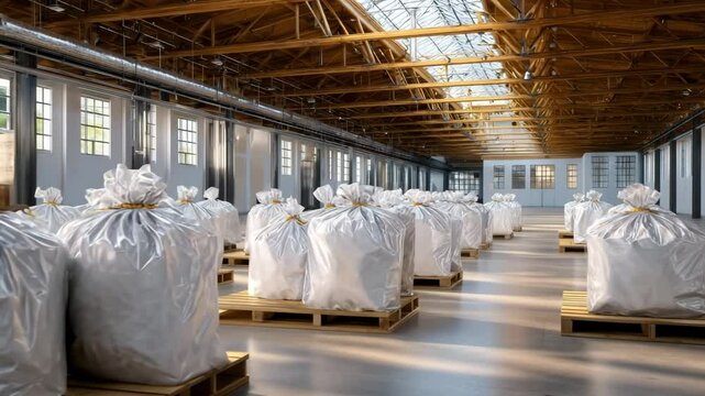 Long warehouse aisle lined with shrink-wrapped textile bales on pallets illustrates organized storage, logistics and supply-chain efficiency