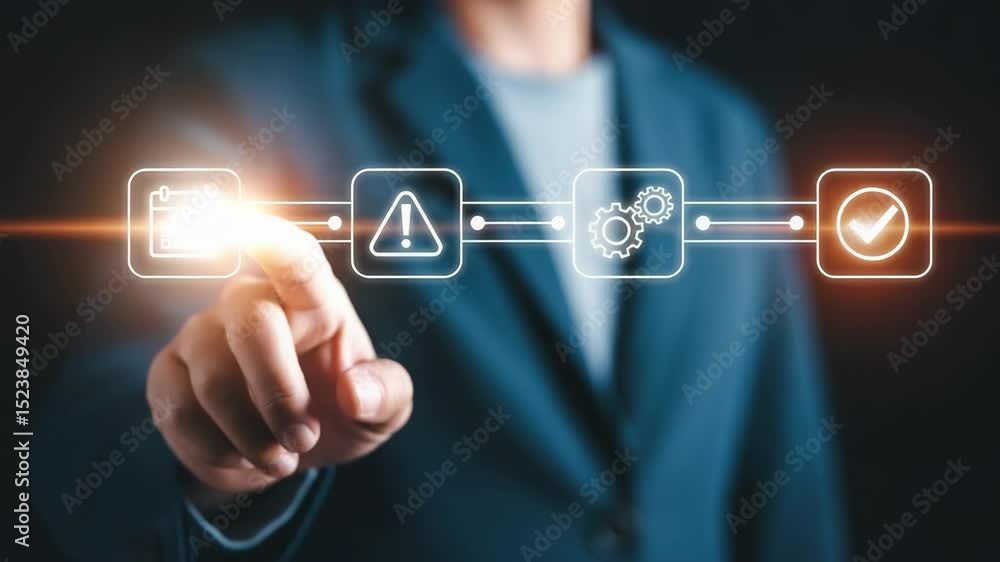 Aufkleber Man in suit touching digital workflow interface with calendar gear exclamation and check icons
