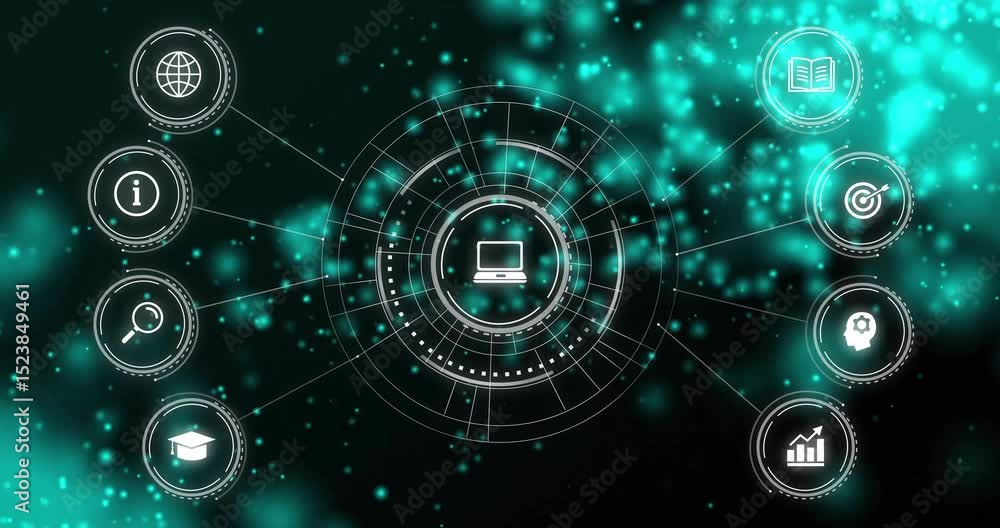 Poster drifting particles sparking rings rotating around laptop, peripheral icons pulsing showing data hub
