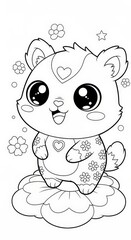 A delightful line art drawing of an adorable, cartoonish mermaidlike character with flowers for fins, surrounded by decorative elements like hearts and stars