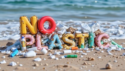 No plastic waste message on a beach with scattered debris.